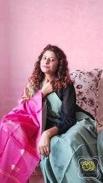 Load image into Gallery viewer, Handwoven Banana Pith Silk Saree- English Green &amp; Pink Saree
