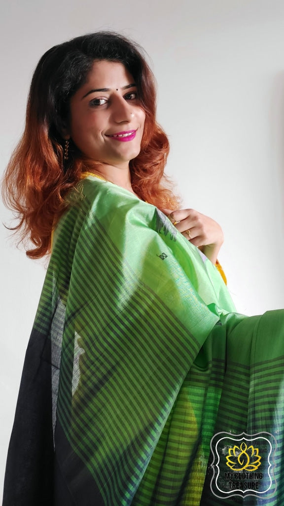 Handwoven Banana Pith Silk Saree- Fresh Green And Navy Saree