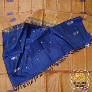 Handwoven Banana Pith Silk Saree- Gold And Navy Saree