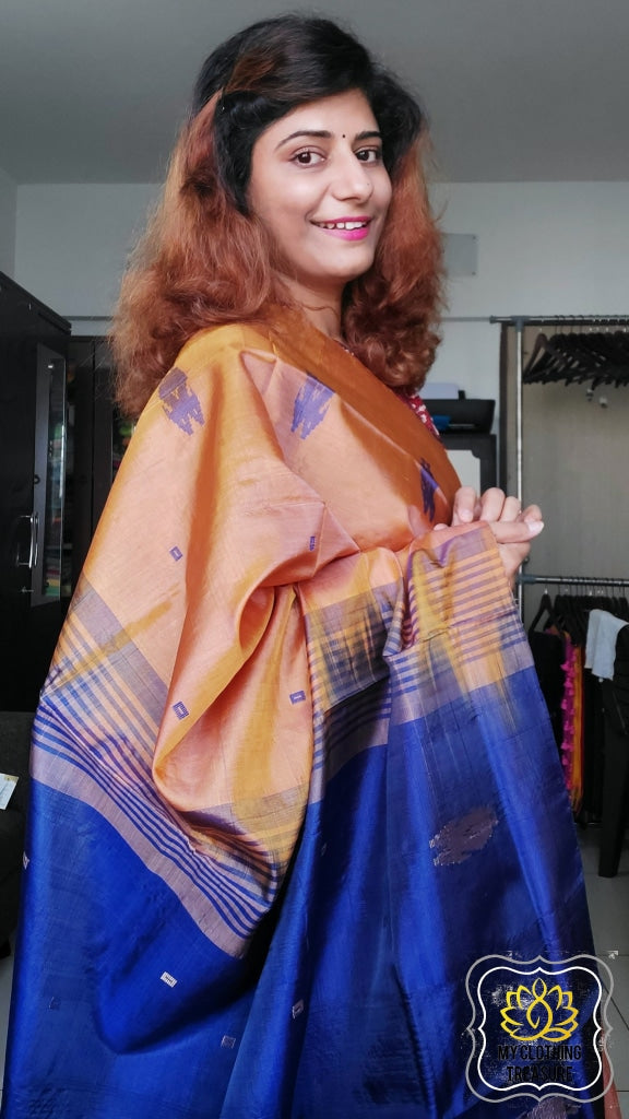 Handwoven Banana Pith Silk Saree- Gold And Navy Saree