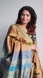 Load image into Gallery viewer, Handwoven Banana Pith Silk Saree- Gold And Sage Green Saree
