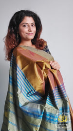 Load image into Gallery viewer, Handwoven Banana Pith Silk Saree- Gold And Sage Green Saree
