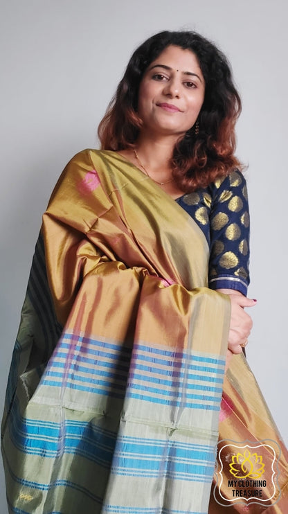 Handwoven Banana Pith Silk Saree- Gold And Sage Green Saree