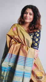 Load image into Gallery viewer, Handwoven Banana Pith Silk Saree- Gold And Sage Green Saree
