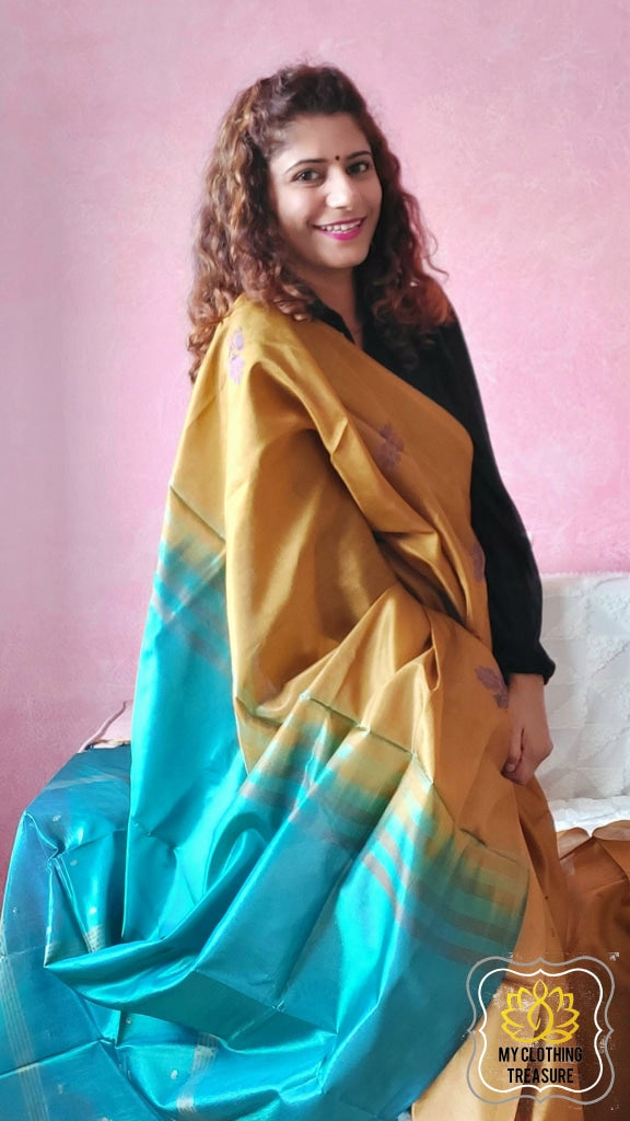 Handwoven Banana Pith Silk Saree- Gold & Teal Saree