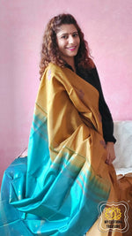 Load image into Gallery viewer, Handwoven Banana Pith Silk Saree- Gold &amp; Teal Saree
