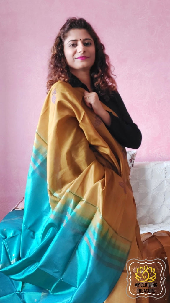 Handwoven Banana Pith Silk Saree- Gold & Teal Saree