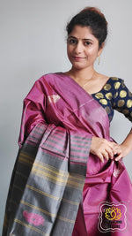 Load image into Gallery viewer, Handwoven Banana Pith Silk Saree- Grape And Grey Saree
