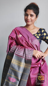 Handwoven Banana Pith Silk Saree- Grape And Grey Saree