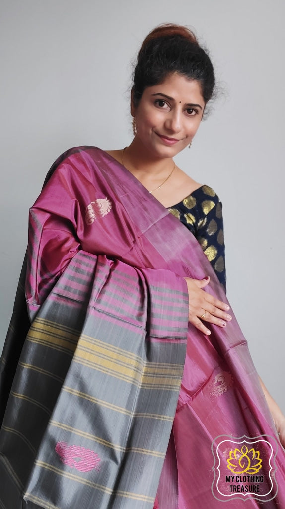 Handwoven Banana Pith Silk Saree- Grape And Grey Saree