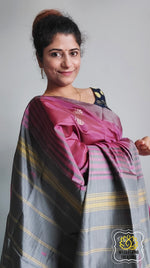 Load image into Gallery viewer, Handwoven Banana Pith Silk Saree- Grape And Grey Saree
