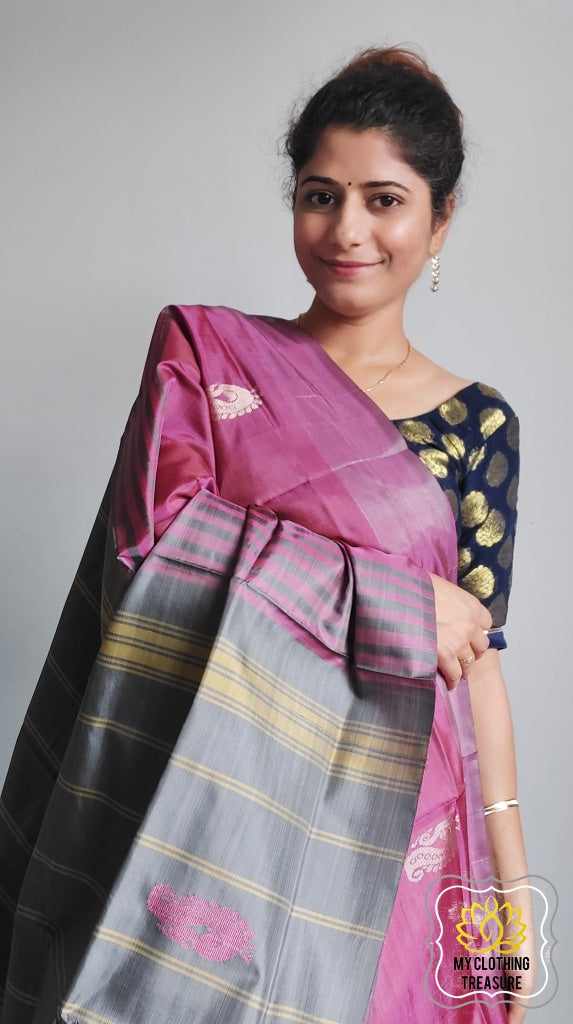 Handwoven Banana Pith Silk Saree- Grape And Grey Saree