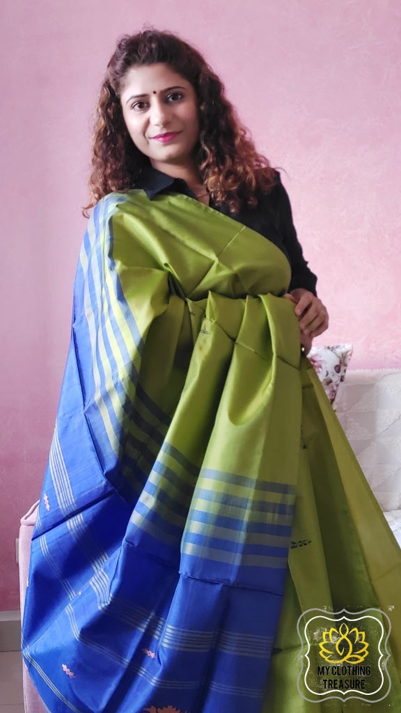 Handwoven Banana Pith Silk Saree- Green And Blue Saree