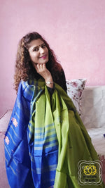 Load image into Gallery viewer, Handwoven Banana Pith Silk Saree- Green And Blue Saree
