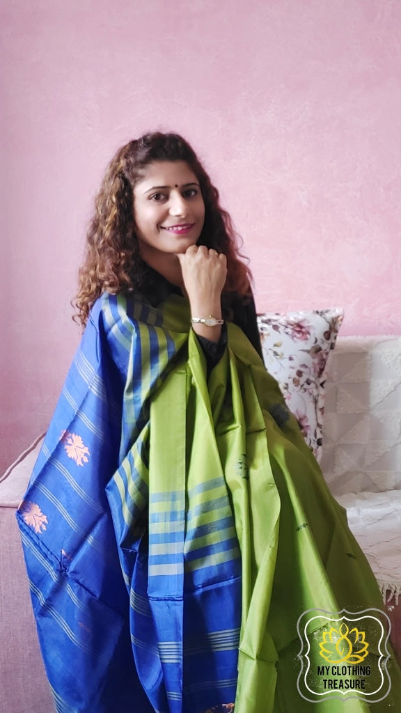 Handwoven Banana Pith Silk Saree- Green And Blue Saree