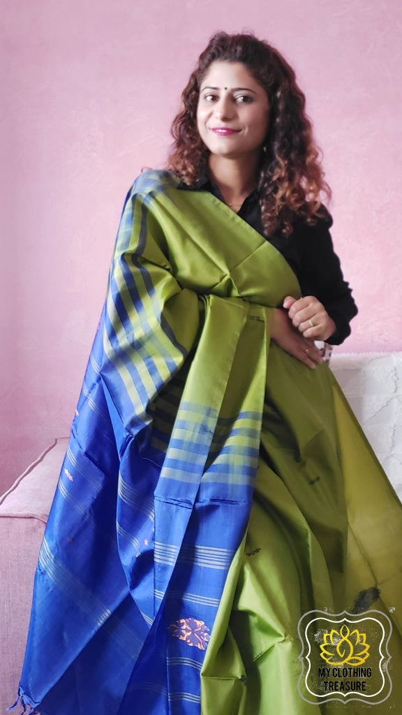 Handwoven Banana Pith Silk Saree- Green And Blue Saree