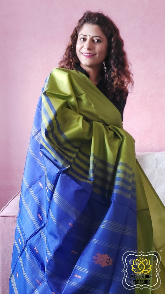 Handwoven Banana Pith Silk Saree- Green And Blue Saree