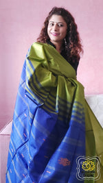 Load image into Gallery viewer, Handwoven Banana Pith Silk Saree- Green And Blue Saree
