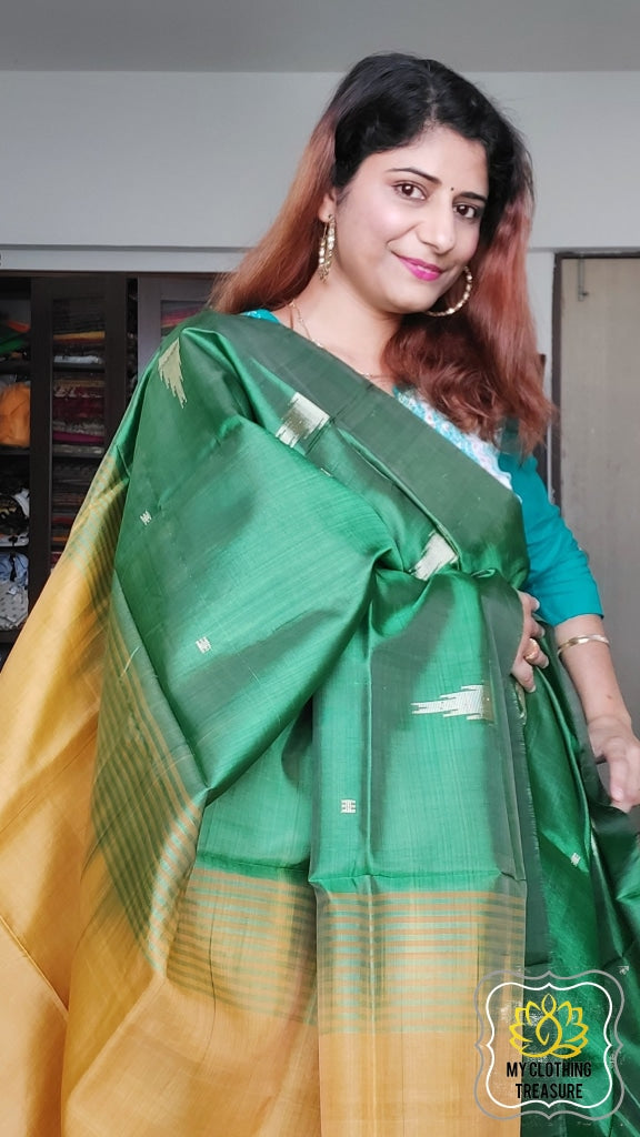 Handwoven Banana Pith Silk Saree- Green And Mustard Saree