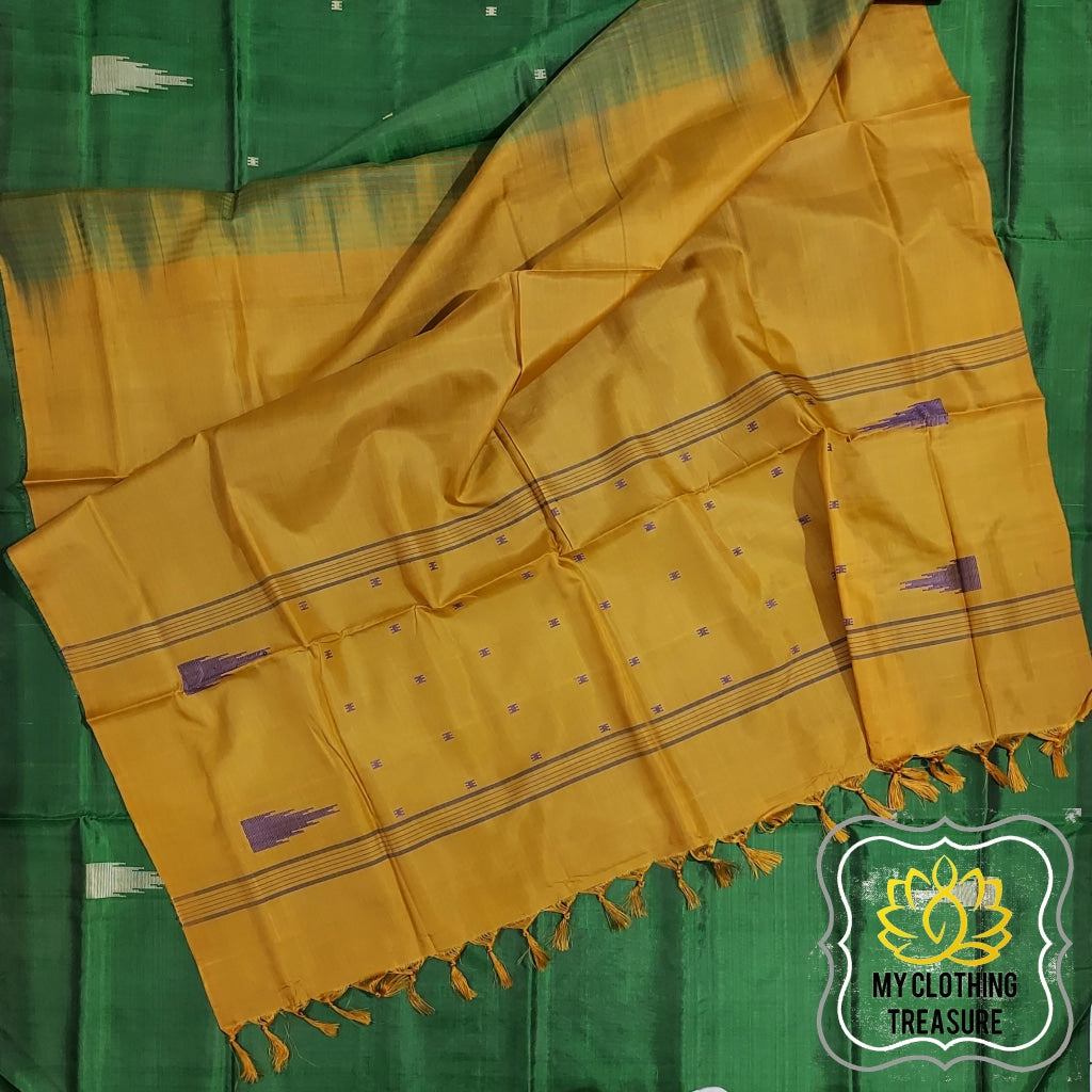 Handwoven Banana Pith Silk Saree- Green And Mustard Saree