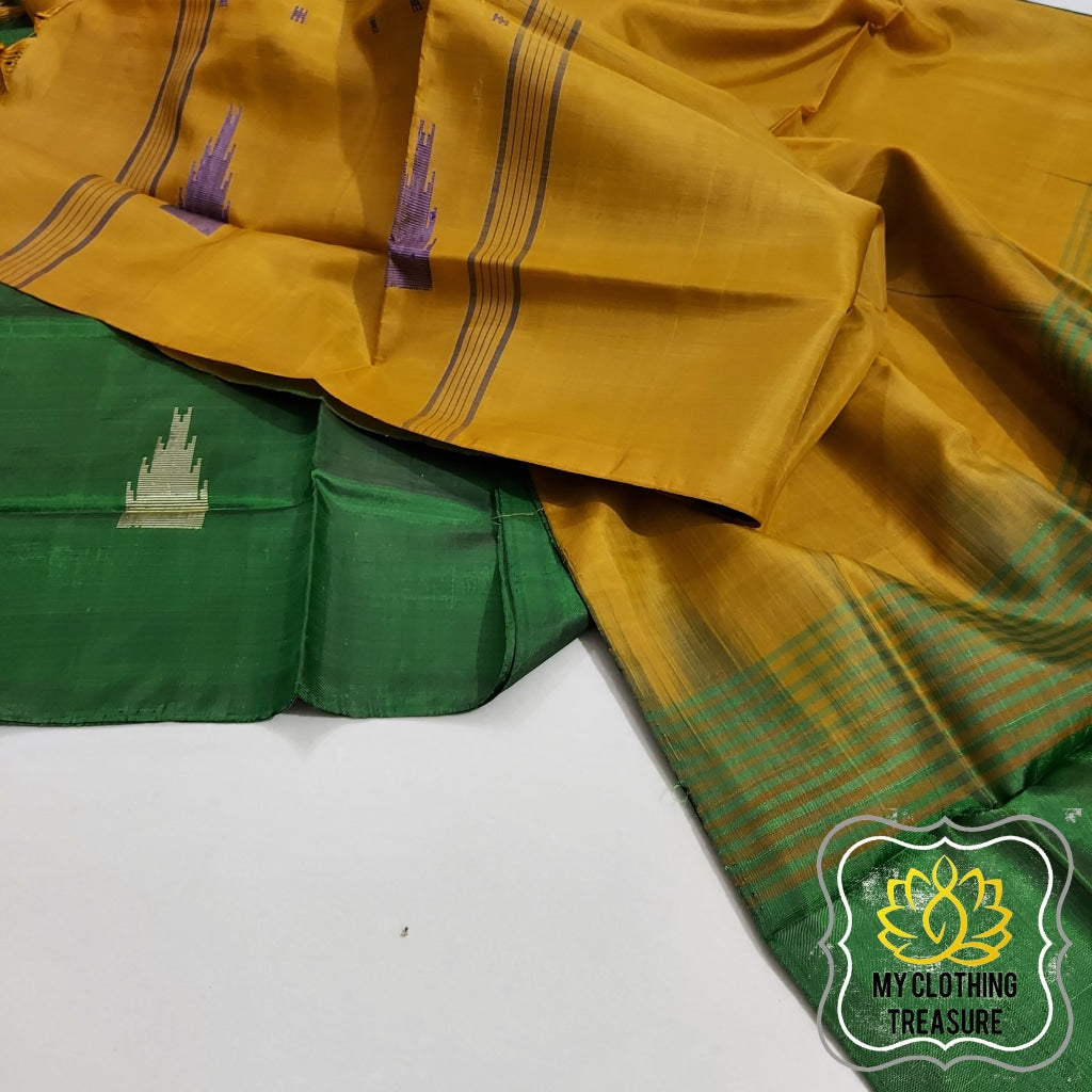 Handwoven Banana Pith Silk Saree- Green And Mustard Saree