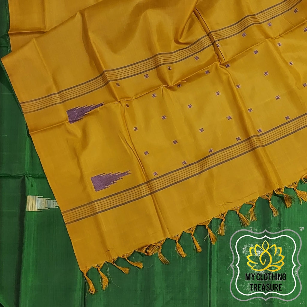 Handwoven Banana Pith Silk Saree- Green And Mustard Saree