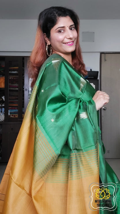 Handwoven Banana Pith Silk Saree- Green And Mustard Saree