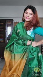 Load image into Gallery viewer, Handwoven Banana Pith Silk Saree- Green And Mustard Saree
