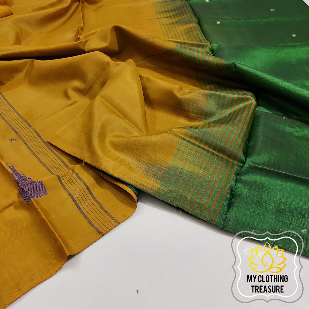 Handwoven Banana Pith Silk Saree- Green And Mustard Saree