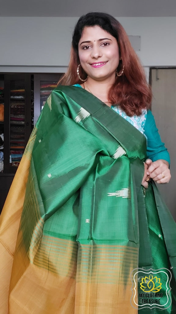 Handwoven Banana Pith Silk Saree- Green And Mustard Saree