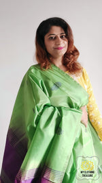 Load image into Gallery viewer, Handwoven Banana Pith Silk Saree- Green And Purple Saree
