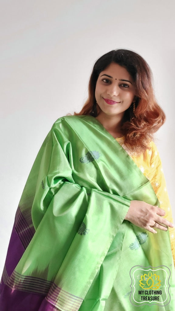 Handwoven Banana Pith Silk Saree- Green And Purple Saree