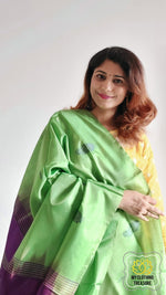 Load image into Gallery viewer, Handwoven Banana Pith Silk Saree- Green And Purple Saree
