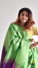 Load image into Gallery viewer, Handwoven Banana Pith Silk Saree- Green And Purple Saree
