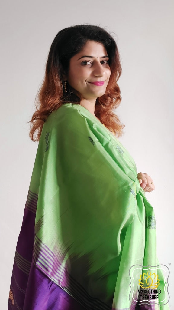 Handwoven Banana Pith Silk Saree- Green And Purple Saree