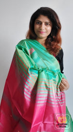 Load image into Gallery viewer, Handwoven Banana Pith Silk Saree- Green &amp; Pink Saree
