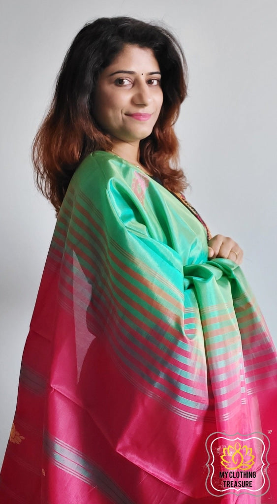 Handwoven Banana Pith Silk Saree- Green & Pink Saree