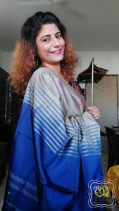 Handwoven Banana Pith Silk Saree- Greige And Navy Saree