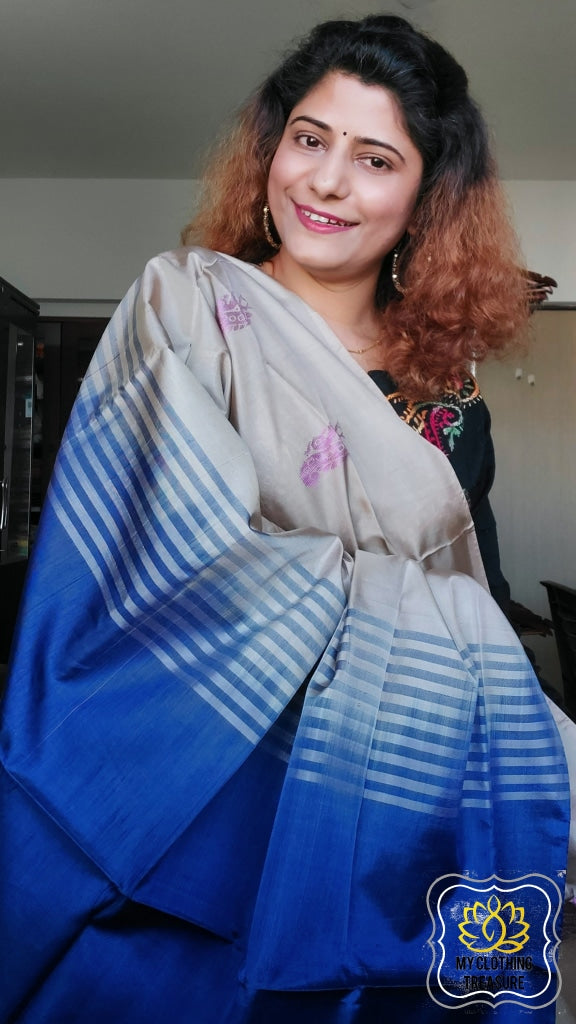 Handwoven Banana Pith Silk Saree- Greige And Navy Saree