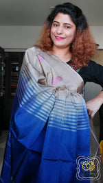 Load image into Gallery viewer, Handwoven Banana Pith Silk Saree- Greige And Navy Saree
