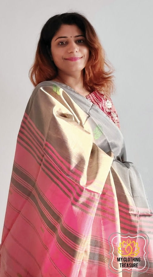 Handwoven Banana Pith Silk Saree- Grey And Pink Saree