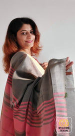 Load image into Gallery viewer, Handwoven Banana Pith Silk Saree- Grey And Pink Saree
