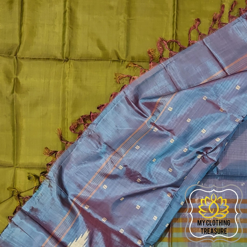 Handwoven Banana Pith Silk Saree- Henna And Shot Teal Brown Saree