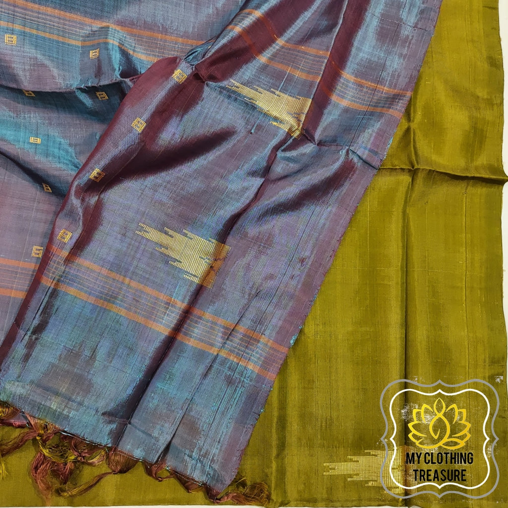 Handwoven Banana Pith Silk Saree- Henna And Shot Teal Brown Saree