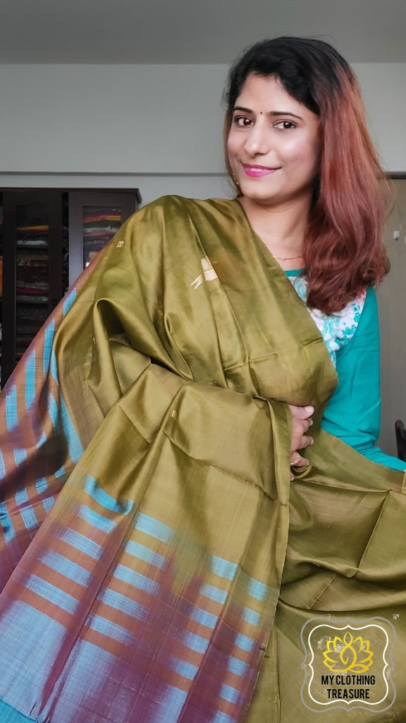 Handwoven Banana Pith Silk Saree- Henna And Shot Teal Brown Saree