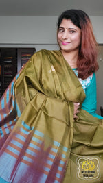 Load image into Gallery viewer, Handwoven Banana Pith Silk Saree- Henna And Shot Teal Brown Saree
