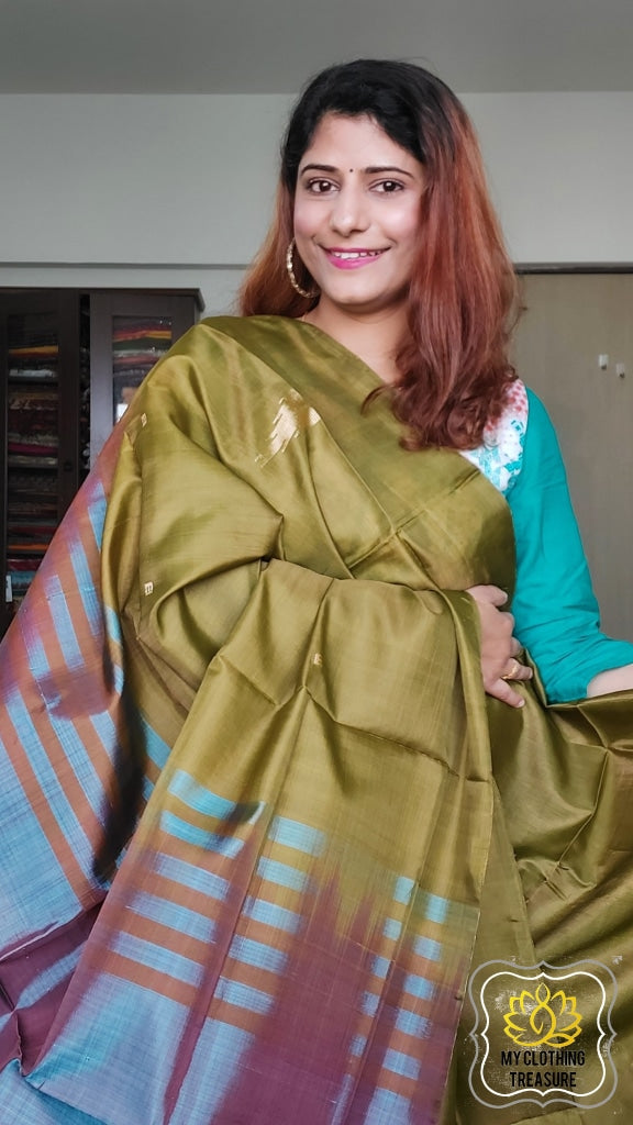 Handwoven Banana Pith Silk Saree- Henna And Shot Teal Brown Saree