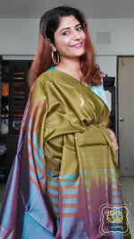 Load image into Gallery viewer, Handwoven Banana Pith Silk Saree- Henna And Shot Teal Brown Saree
