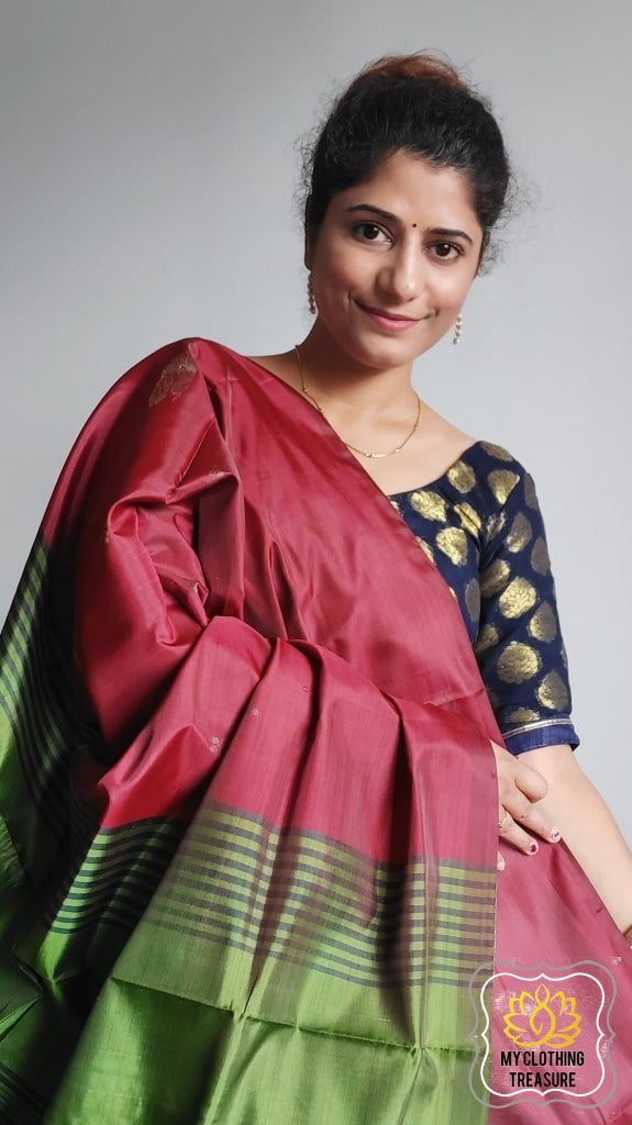 Handwoven Banana Pith Silk Saree- Maroon And Henna Green Saree