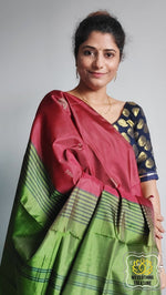 Load image into Gallery viewer, Handwoven Banana Pith Silk Saree- Maroon And Henna Green Saree
